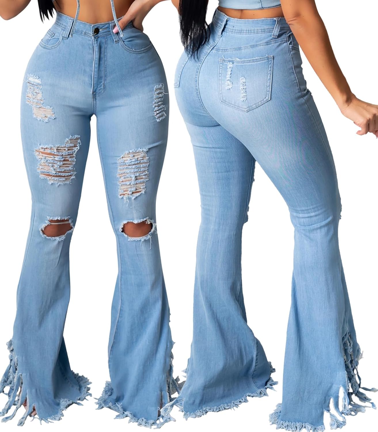 Bell Bottom Jeans for Women Ripped Hole High Waisted Classic Flared Wide Leg Denim Pants - Image 3