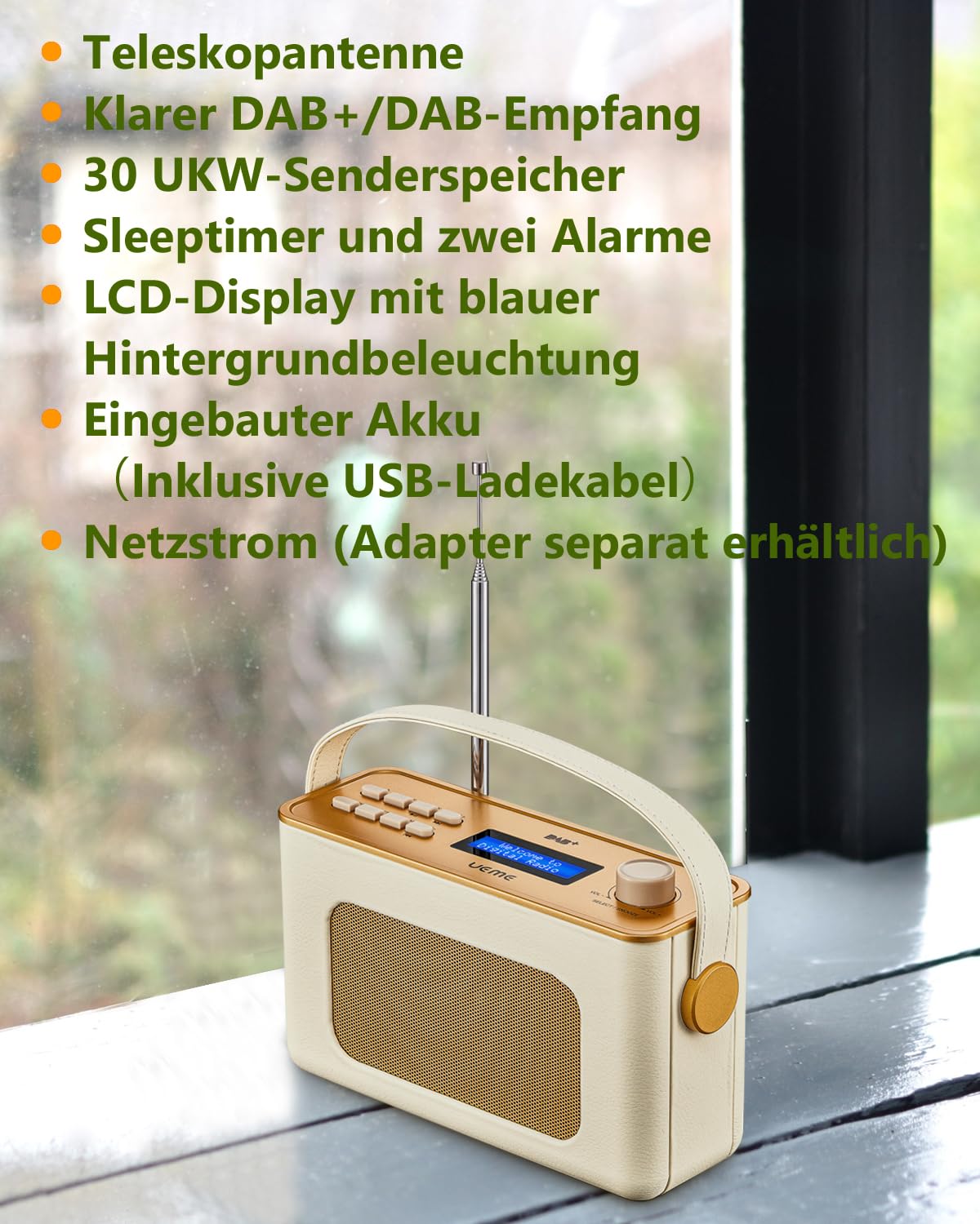 Tragbarer Retro Design DAB Plus/FM Radio, Bluetooth Lautsprecher DAB + Radio mit Wiederaufladbarer Lithium-Akku, Radiowecker, Starkem Empfang, Inklusive DC Netzkabel(Crème)