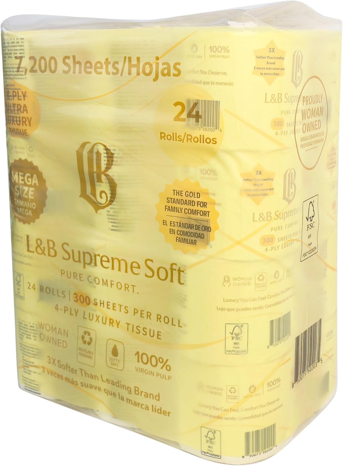 L&B Supreme Soft Toilet Paper, 4-Ply Premium, Value Pack, 24 Mega Rolls = 48 Regular Rolls, 300 Sheets per Roll, Extra Thick, Individually Wrapped, Septic Safe