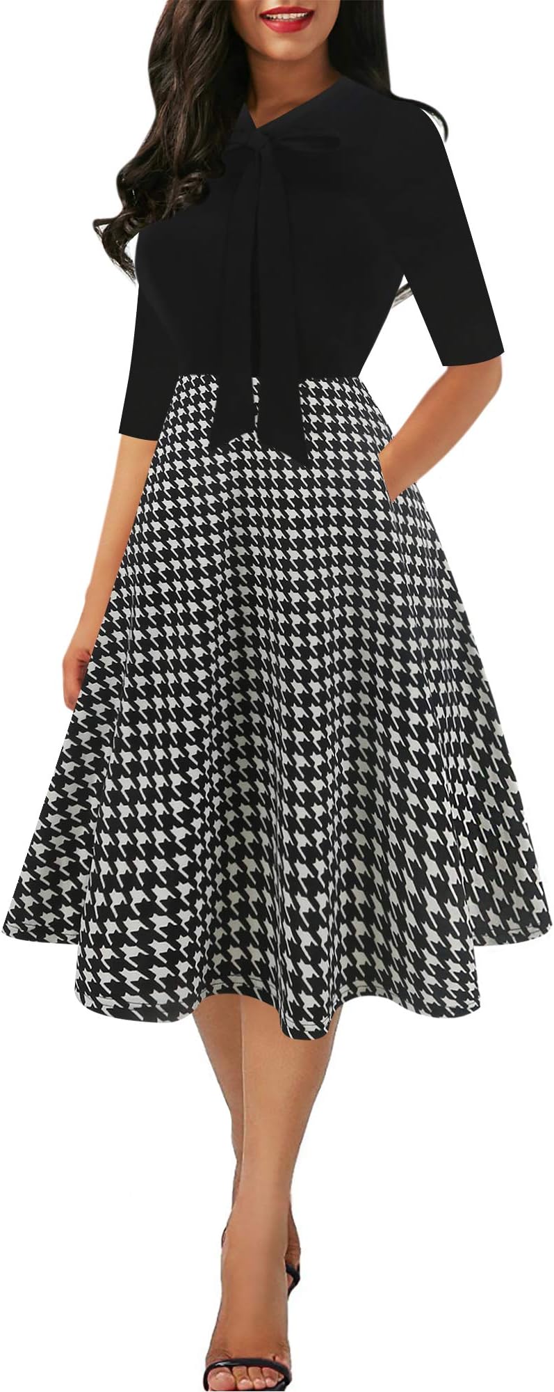 Women's Chic Stripe Dot Patchwork Pockets V-Neck Work Swing Dress with Bow-Knot SK278