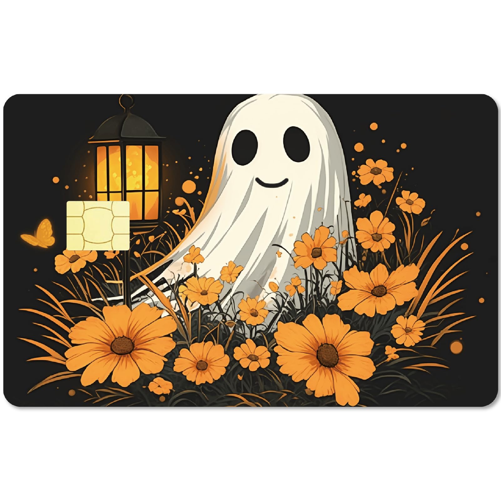 CREATCABIN 4Pcs Halloween Credit Card Stickers Ghost Flowers Debit Card Decor Cards Protecting Waterproof Removable No Bubble Matte Scratch Resistant Film for Transportation Card Bank Card 3.3x2.1in