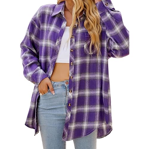 CHYRII Womens Button Down Flannel Shirts Long Sleeve Plaid Shackets Business Casual Blouse Top