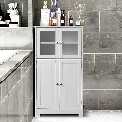 MELLCOM Almacenamiento de baño gabinete organizador de baño gabinete de almacenamiento de lino con puertas y estante ajustable gabinete de piso de