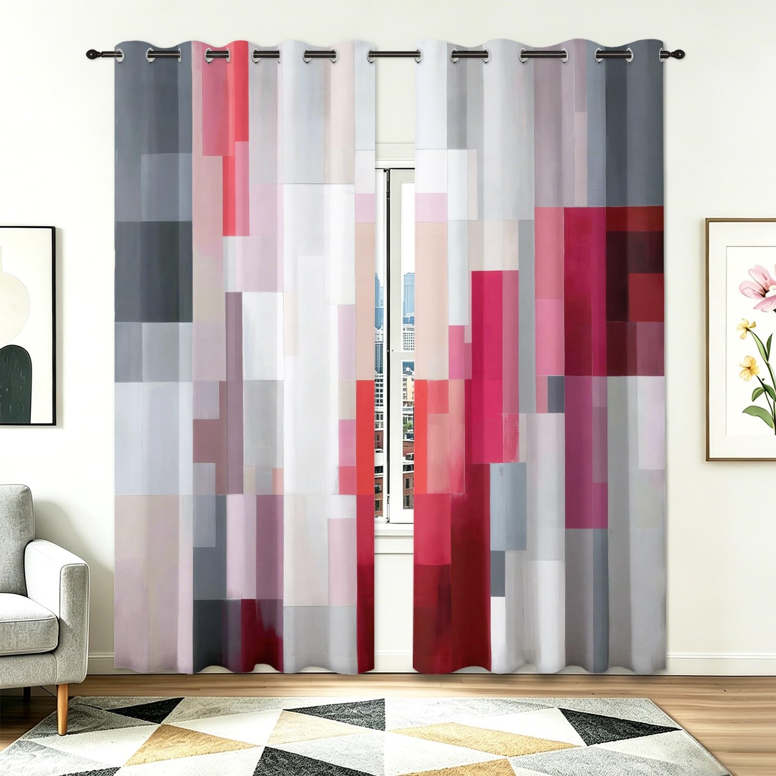 Zasłony zaciemniające 100% nieprzezroczyste 140 l x 260H cm (2 panele), abstrakcyjne wzory patchworkowe nowoczesne geometryczne bloki kolorów, odporne na zimno draperie termiczne do nowoczesnej