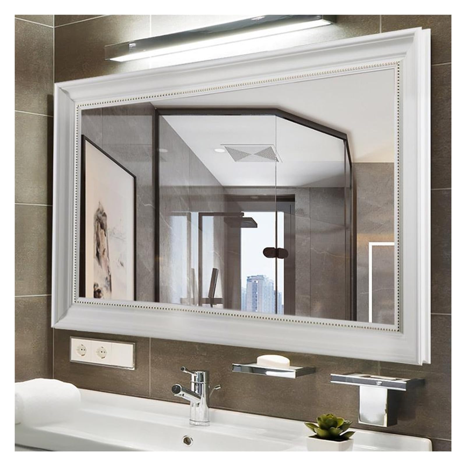BKSXSOP Retro Wood Frame Rectangular Bathroom Mirror - Antique Wall-Mounted for Makeup & Shaving Stylish Home Decor Hallway (White, 60x80cm/23.6x31.5in)