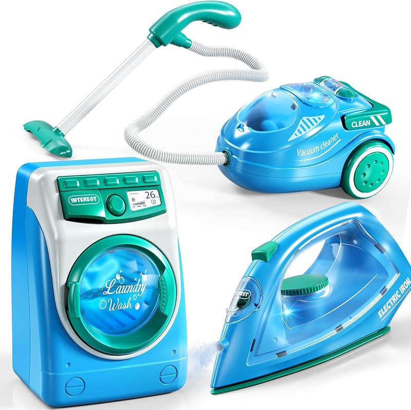 Juego de limpieza para niños, juguetes, aspiradora, lavadora, plancha pequeña | Luz y sonido, juegos de simulación, regalos de cumpleaños para niños pequeños de 3, 4, 5, 6, 7 y 8 años.