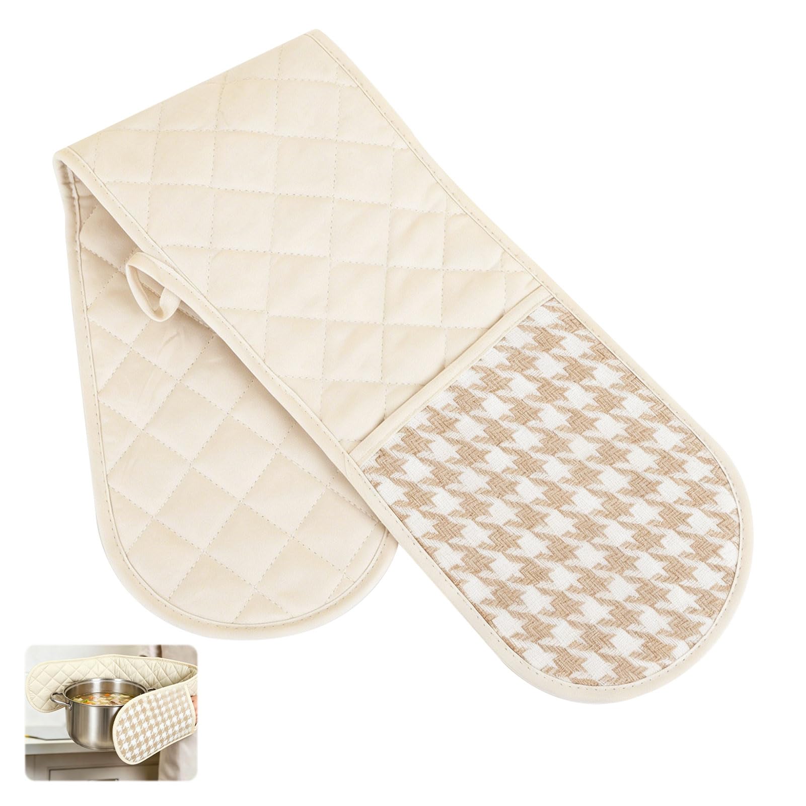 Oven Gloves Heat Resistant Anti-Slip Oven Gloves Double, Premium Extra Long Double Ovens Glove for Kitchen Cooking, Dessert Making, BBQ (Creamy White)