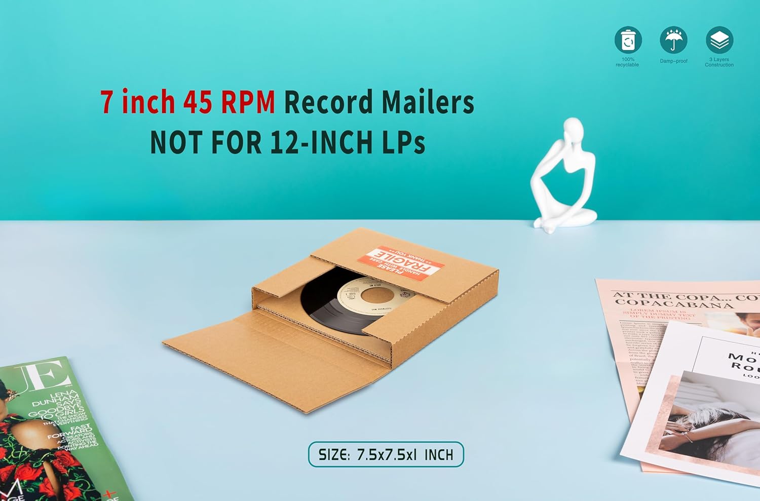 7-Inch 45 RPM Record Mailers, 7.5" x 7.5" x 1" Small Kraft Corrugated Shipping Boxes for 7" Vinyl (NOT for 12" LPs), with Fragile Stickers, 50 Pack