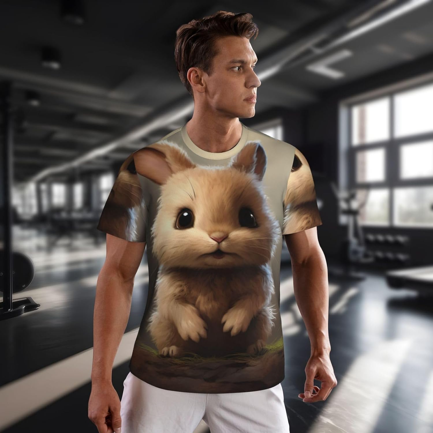 Cute Bunny Print Mens Short Sleeve Mesh T-Shirt Breathable Athletic Gym Running Casual Sports Wear