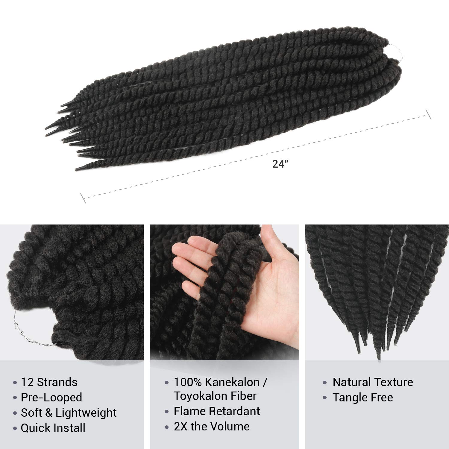 AU-THEN-TIC Jumbo Senegalese Twist Crochet Hair, 24 Inch, 6 Pack, Synthetic Extensions for Havana and Mambo Twist Styles, (2, Dark Brown)