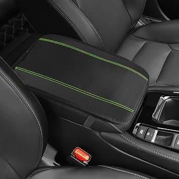 Car Armrest Storage Box Mat, Car Arm Rest Cover, Waterproof Armrest Cover Center Console Mat, Fiber Leather Embossing Car Center Console Accessories Fit for Most Cars Black & Green/12.6X 7.2 Inch