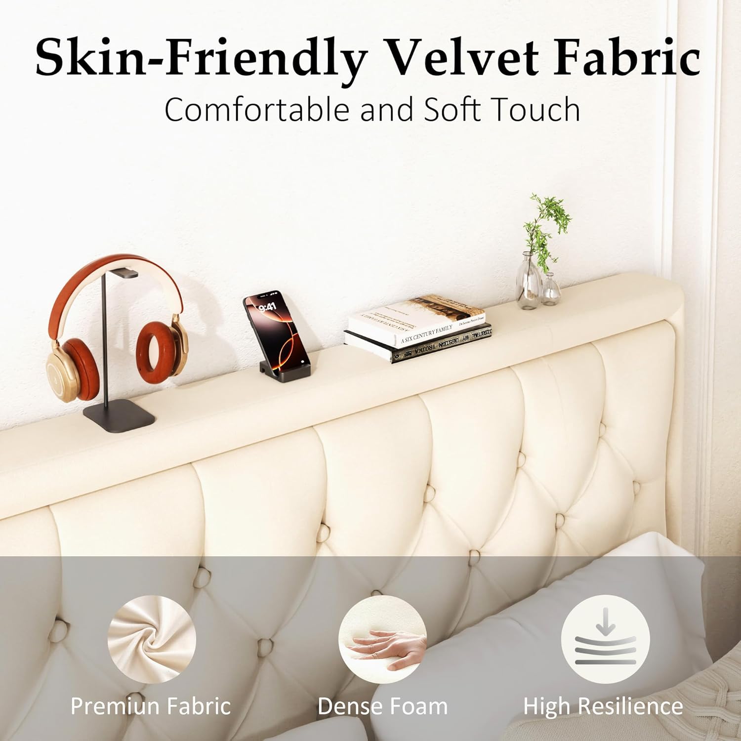 King Size Platform Bed Frame with Upholstered Velvet Button Tufted Headboard, Mattress Foundation with Wooden Slat Support, No Box Spring Needed, Easy Assembly, Noise Free, Beige - Image 3