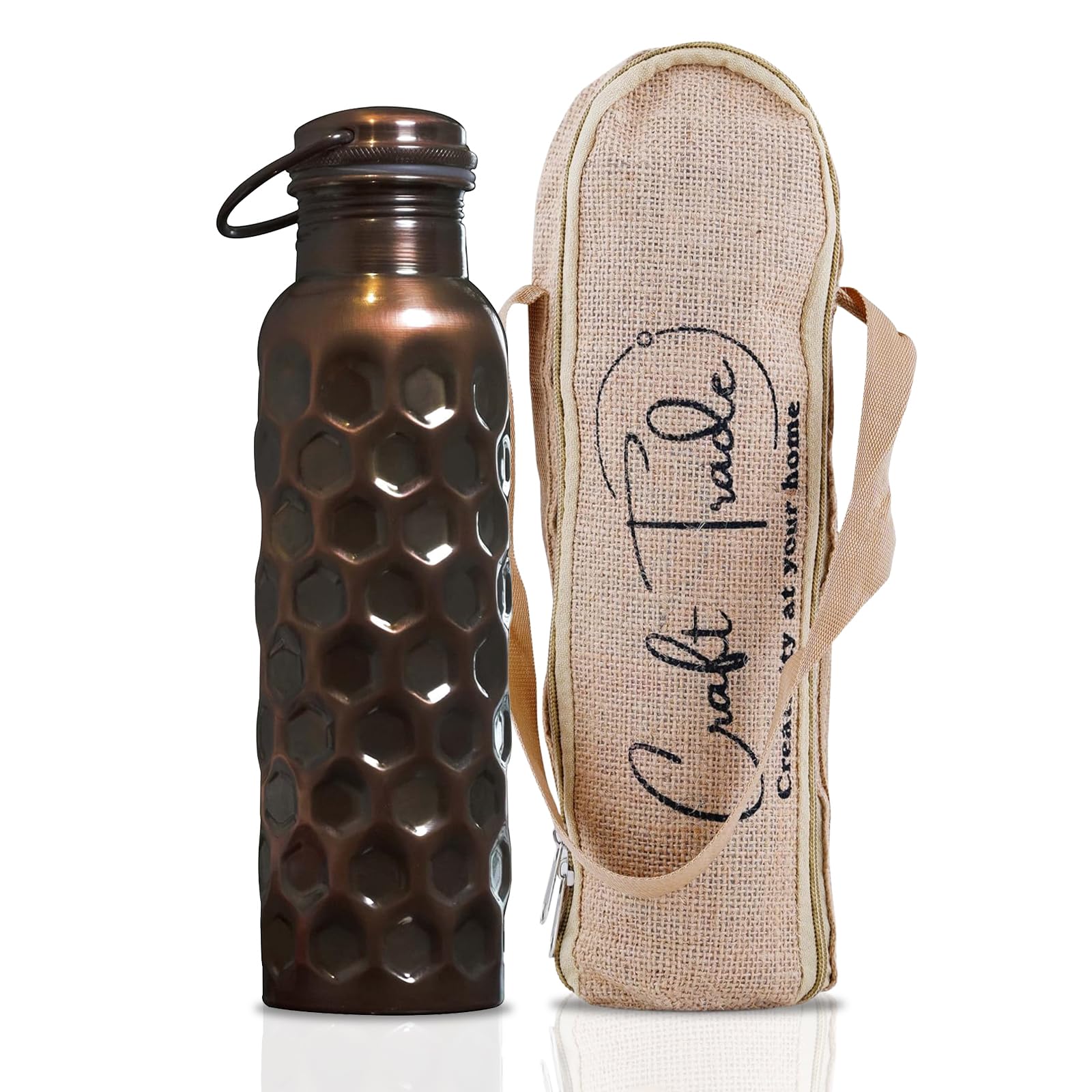 Craft Trade 100% Pure Copper Water Bottle 34 Oz – 1000ml Fitness Bottle for Drinking with Ayurvedic Health Benefits – Handcrafted in Honeycomb Finish - Leak-Proof, BPA-Free, with Jute Carry Case
