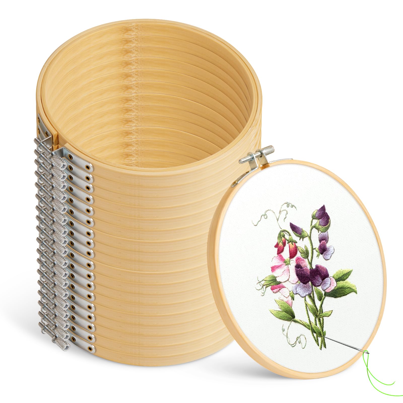 Fasdu 18 Pieces 6 Inch Embroidery Hoops Set, Round Bamboo Circle Cross Stitch Hoop for Embroidery Art Craft Handy Sewing