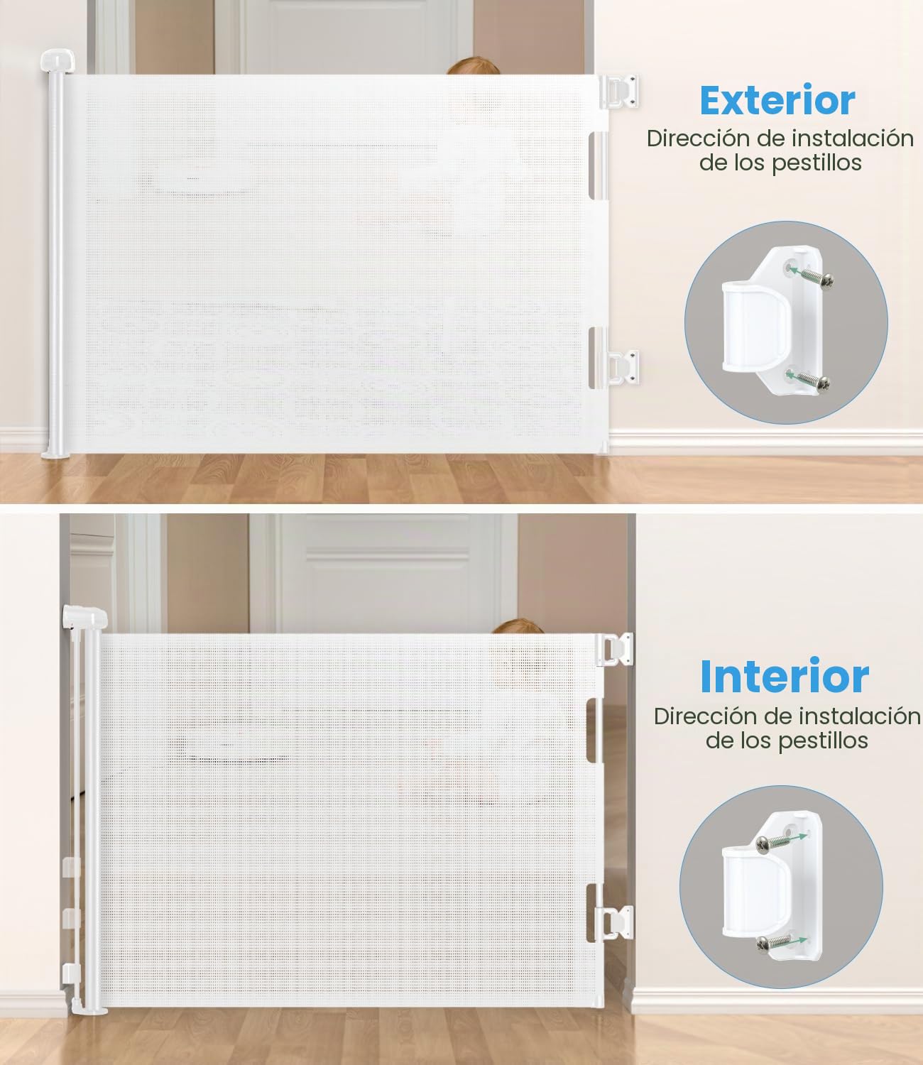 Nalezuns Barrera Seguridad Niños, Barrera Escalera Bebe 0-140cm, Protección Flexible, Puerta Escalera Bebe Seguridad para Escaleras y Pasillos Interiores y Exteriores (Blanco)