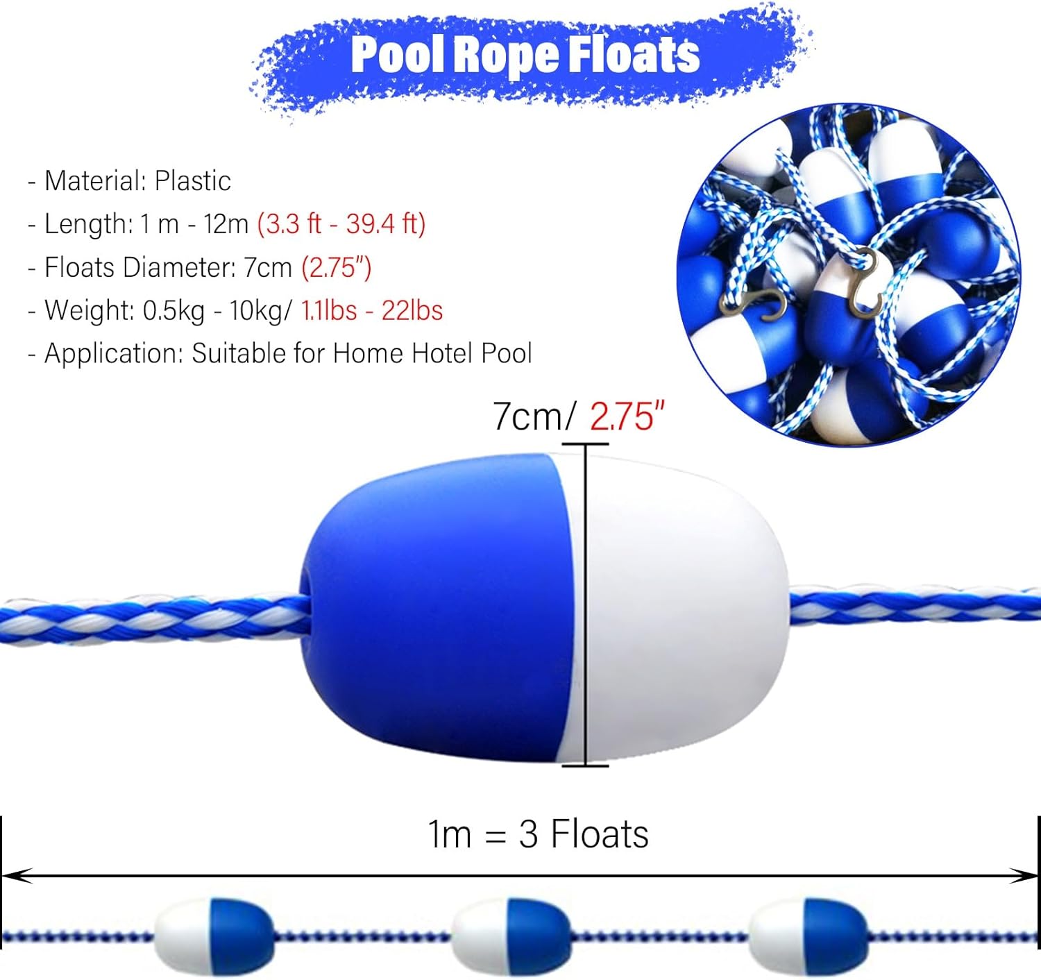Swimming Pool Safety Rope Float Kit Professional Competition Divider LinePool Handrails Floating Pool Safety Rope 3 6 9 12 18 29 30 39 Ft Pool Deep End Divider, Floating Pool Safety Rope wit