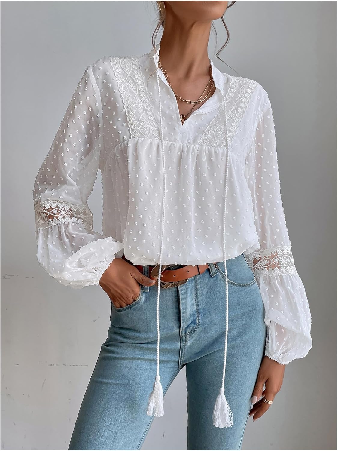 GORGLITTER Women's Boho Peasant Tops Floral Lace Long Sleeve Tops Sheer Blouses Button Up Shirt Casual Going Out Outfits - Image 4