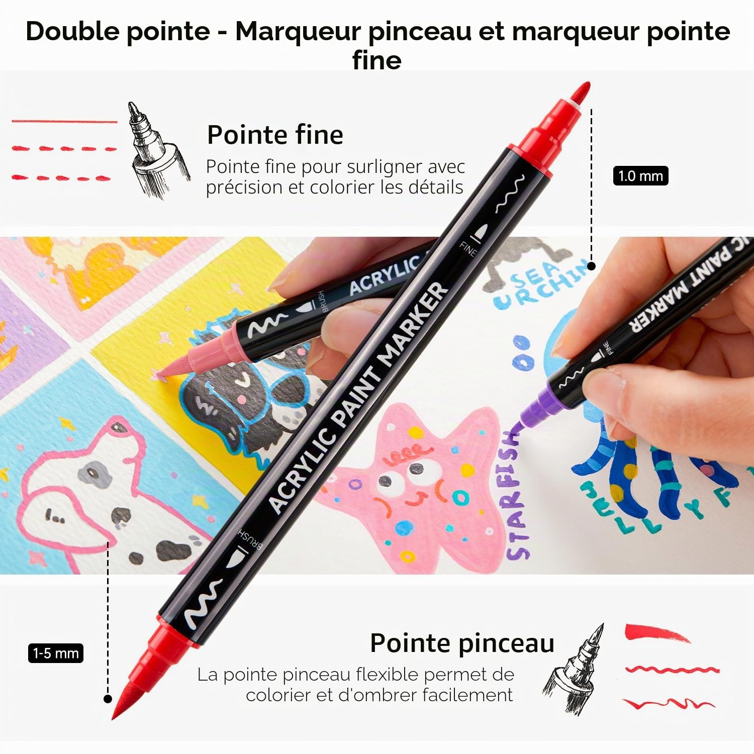 Shuttle Art Feutre Acrylique, 80 Couleurs Marqueurs Peinture Acrylique à Double Pointe (Pinceau et Fine), Marqueur Acrylique sur Céramique Toile Plastique, Feutre Peinture pour Calligraphie, Bricolage