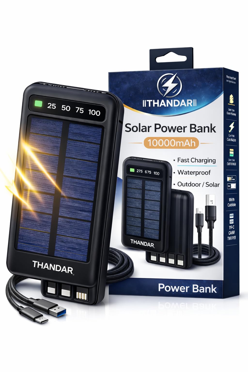 THANDAR Solar Power Bank 10000mAh Fast Charging Waterproof Dual USB with LED Light