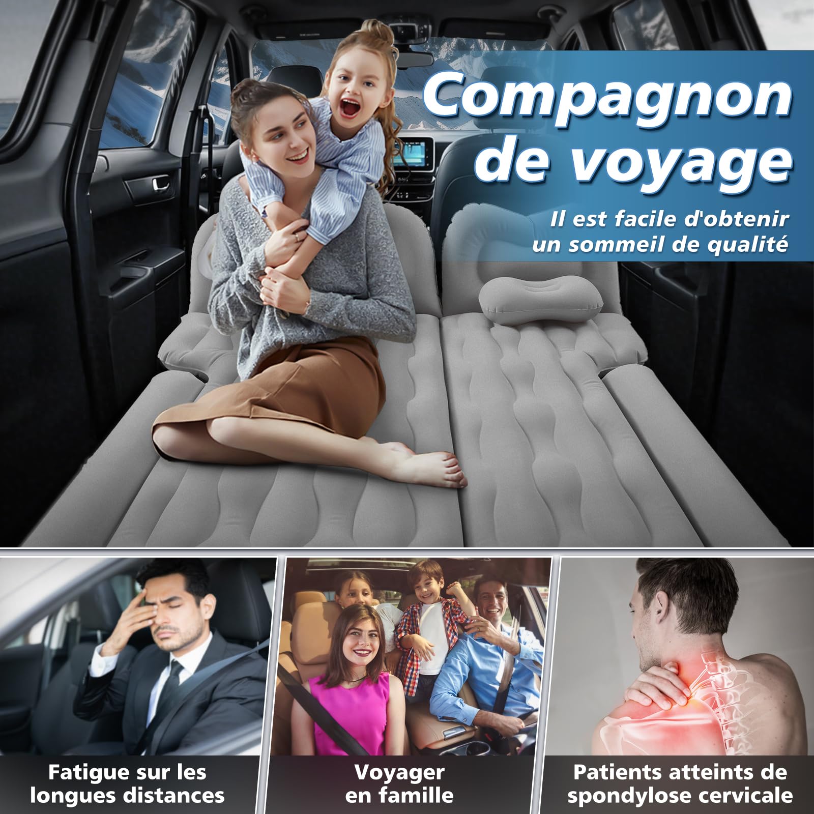 FORMIZON Matelas Gonflable de Voiture, Lit Gonflable pour Siège Arrière, Matelas Pneumatique SUV avec Pompe à Air et Oreillers pour Voyage, Camping, Activités de Plein Air (Gris)