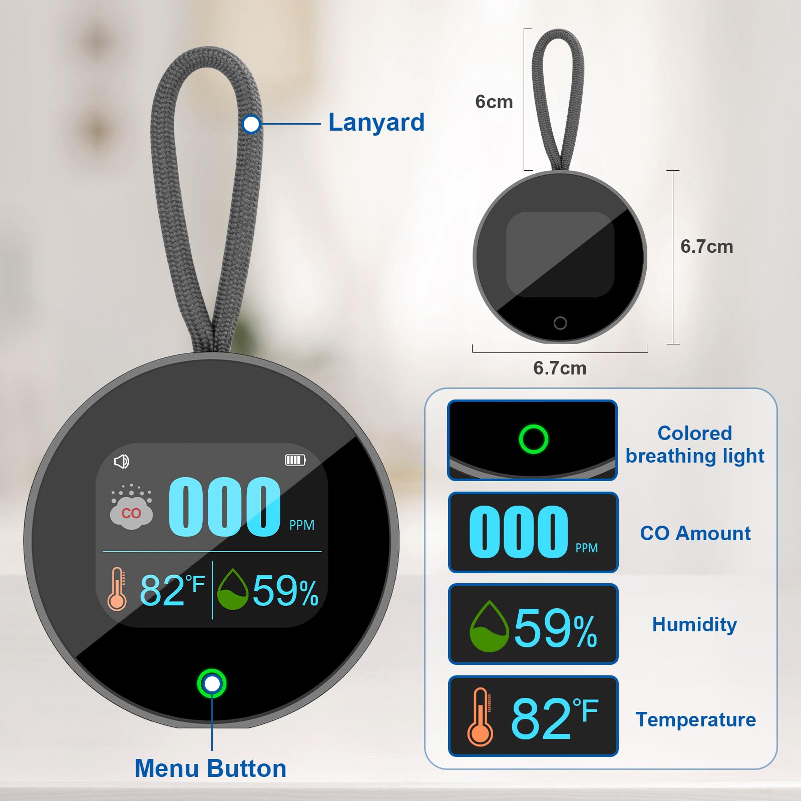 Detector de monóxido de carbono portátil 3 en 1 medidor de CO recargable para temperatura de viaje, humedad y sensor de CO, alarma magnética trasera y suspensión para exteriores, monitor de calidad de