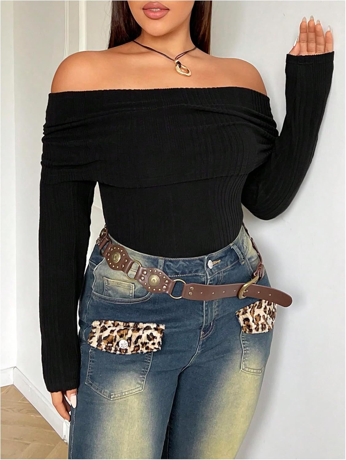 Floerns Women's Plus Size Off Shoulder T Shirts Foldover Long Sleeve Ribbed Going Out Tee Tops - Image 2