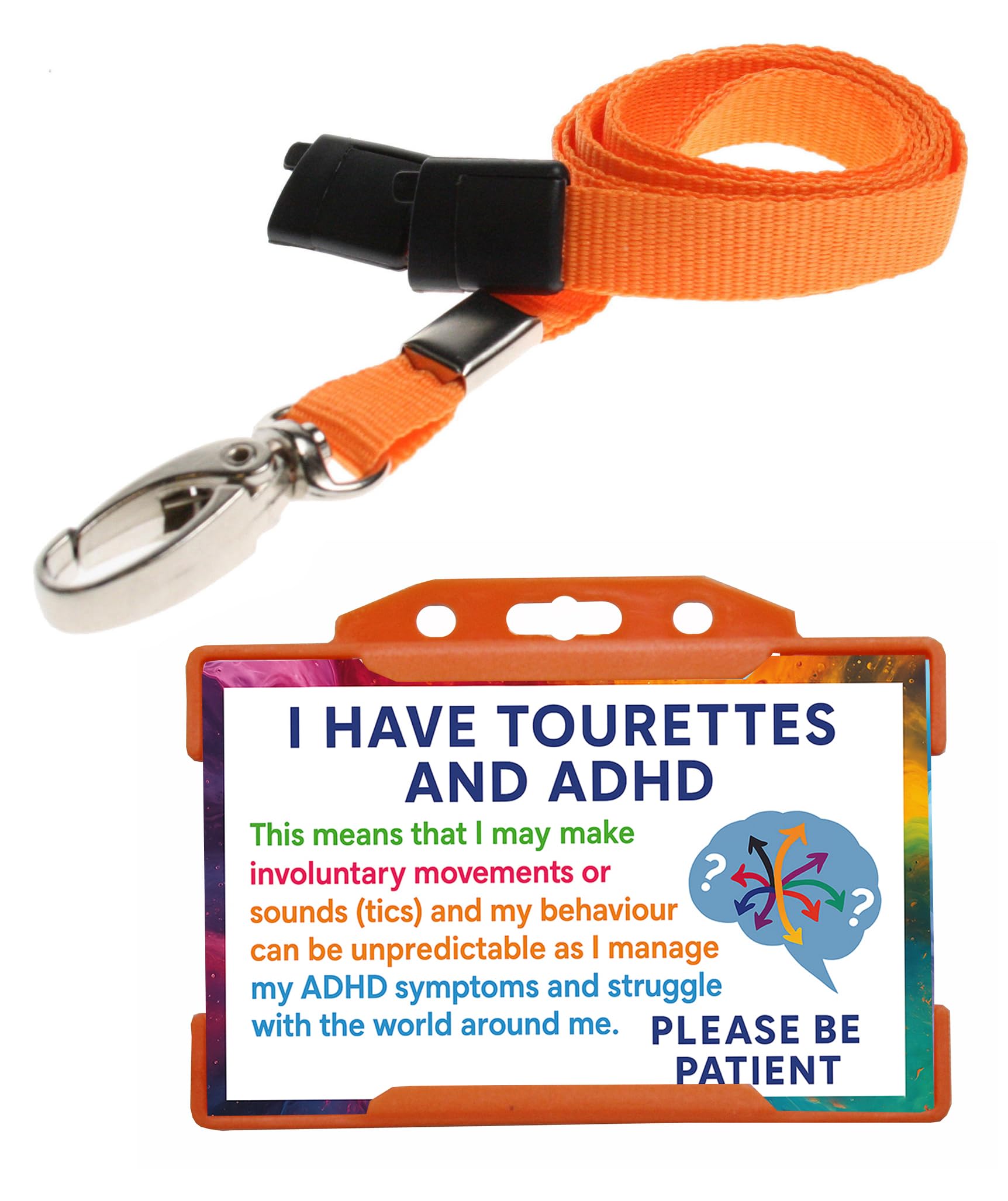 Quantum Leap® Tourettes & ADHD ID Card Badge Hidden Disability Lanyard Orange Holder Badge with Contact Details On the Rear