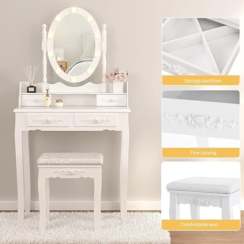 Miniatura 5 de Alohappy Juego de tocador de maquillaje para niñas, tocador con espejo iluminado y taburete, mesa de maquillaje con 4 cajones para dormitorio, baño