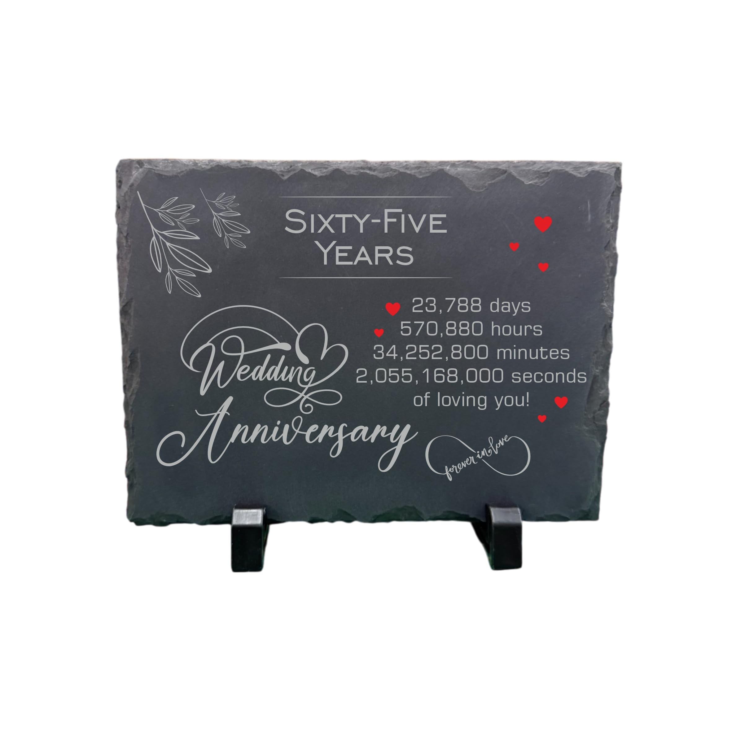 Precision Designs Black 65Th Wedding Anniversary Slate – Handcrafted Natural Stone Plaque With Stand – Romantic Sixty-Five Year Keepsake – 23,725 Days Of Love – Forever In Love Design - 20Cm X 15Cm