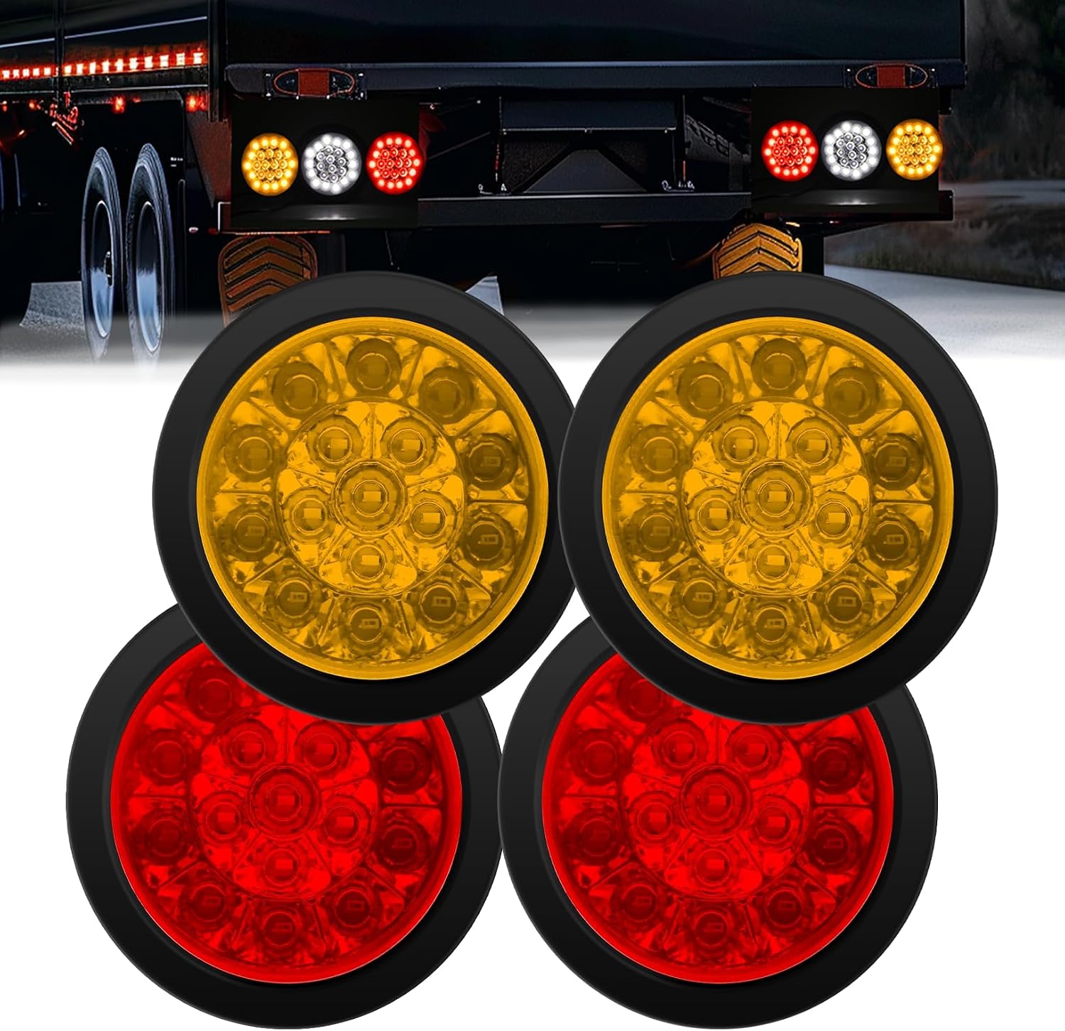 Ourbest 4 Inch Round LED Trailer Tail Lights w/Rubber Grommet, 16 LED DC 12V Waterproof Stop Brake Tail Running Reverse Backup Lights Lamps for RV Trailer Trucks, 2 White 2 Red