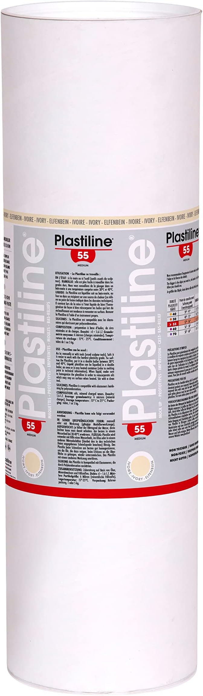 Plastiline 10155T - Tube of Plastiline - Modeling Dough, High Precision - Modeling, Sculpting, Molding - Hardness 55 (medium) - 10 kg - Ivory color. Made in France