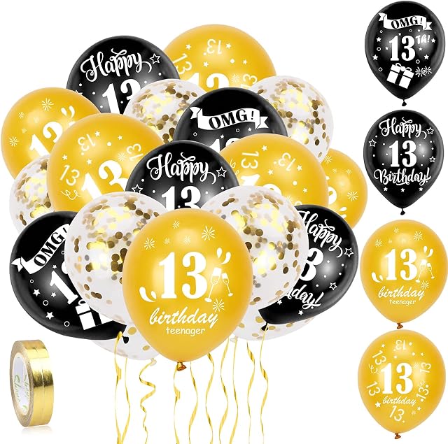 HOWAF 13th Birthday Balloons, Pack Of 30 Black Gold Teenager Birthday Balloons Latex Confetti Balloons & 2 Ribbons for Boys Girls Happy 13th Birthday Party Decorations Supplies- 12 inch (Age 13)