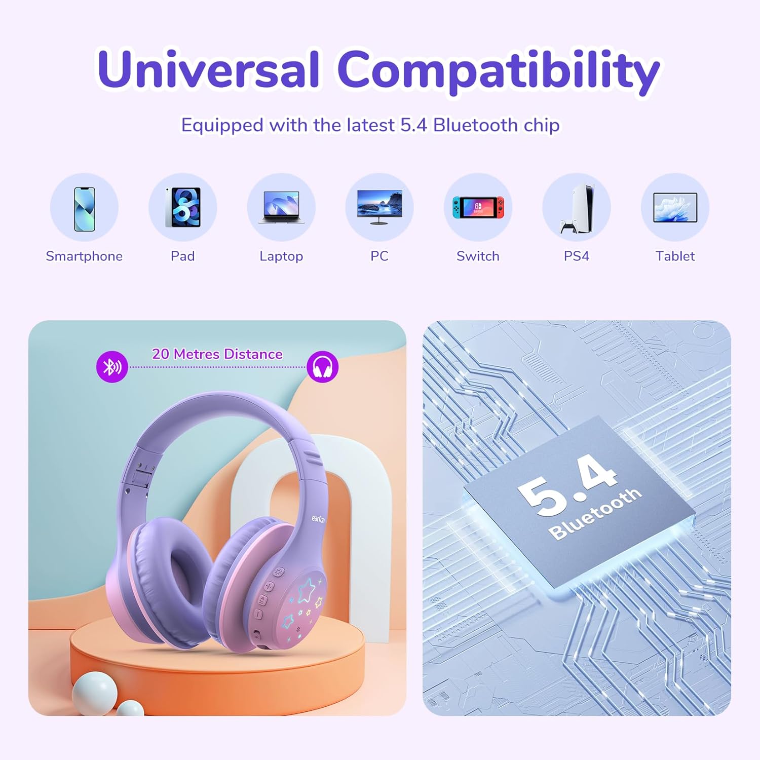 Image showing EarFun K4 headphones compatible with various devices like smartphones, tablets, laptops, PCs, Switch, and PS4, highlighting Bluetooth 5.4 connectivity.