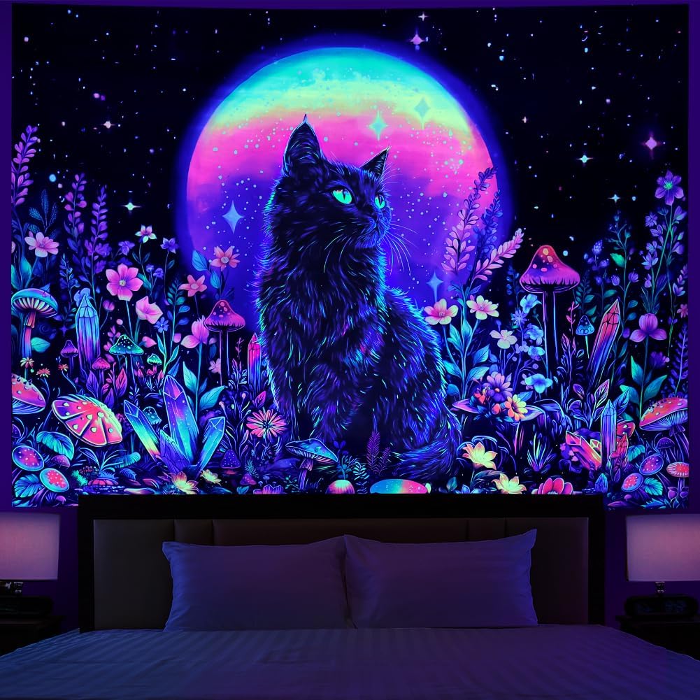 Dermijer Blacklight Black Cat Tapestry UV Reactive Moon Stars Floral Wall Hanging Tapestry Moonlit Garden Home Decor for Bedroom Living Room Dorm 92.5L x 70.8W