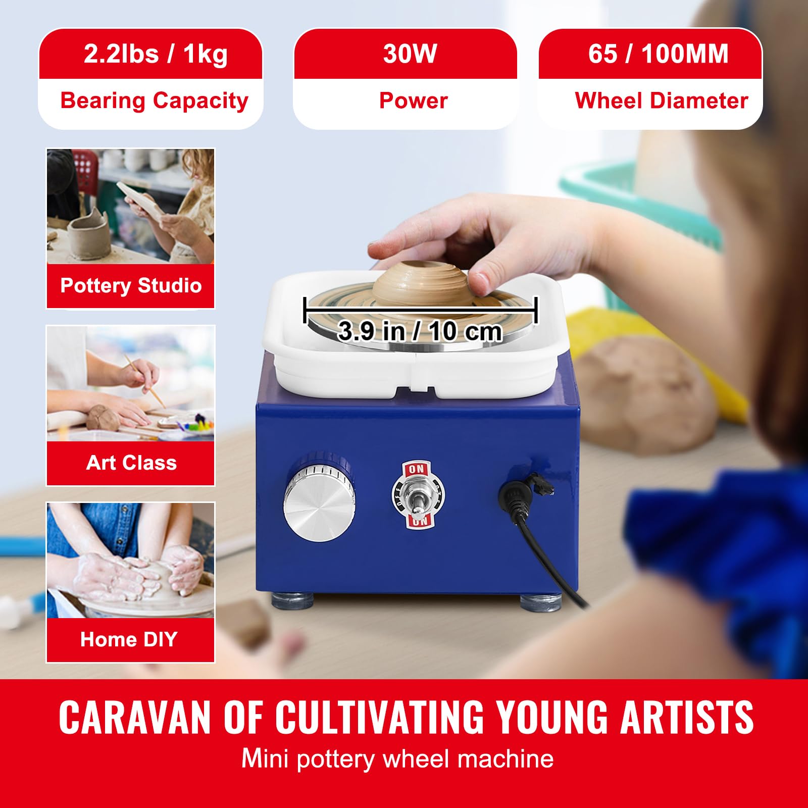 Happybuy Mini Pottery Wheel for Kids & Beginners, 2 Turntables (2.6in/3.9in) Adjustable Speed 0-300RPM, ABS Detachable Basin, 17 Accessories, DIY Art Craft, 30W, Blue