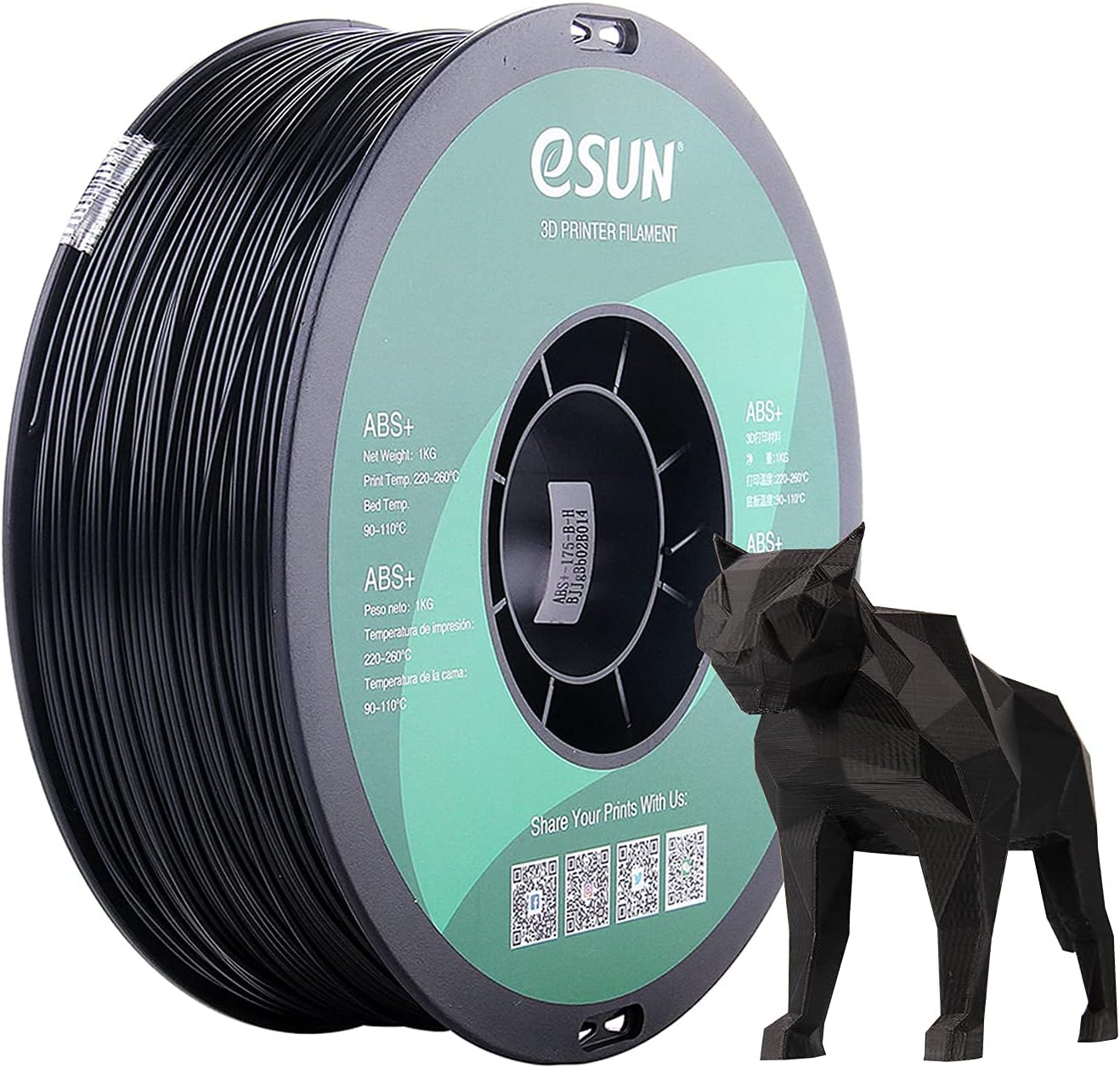 eSUN 1.75mm Black ABS+ 3D Printer Filament 1kg Spool (2.2lbs), Black