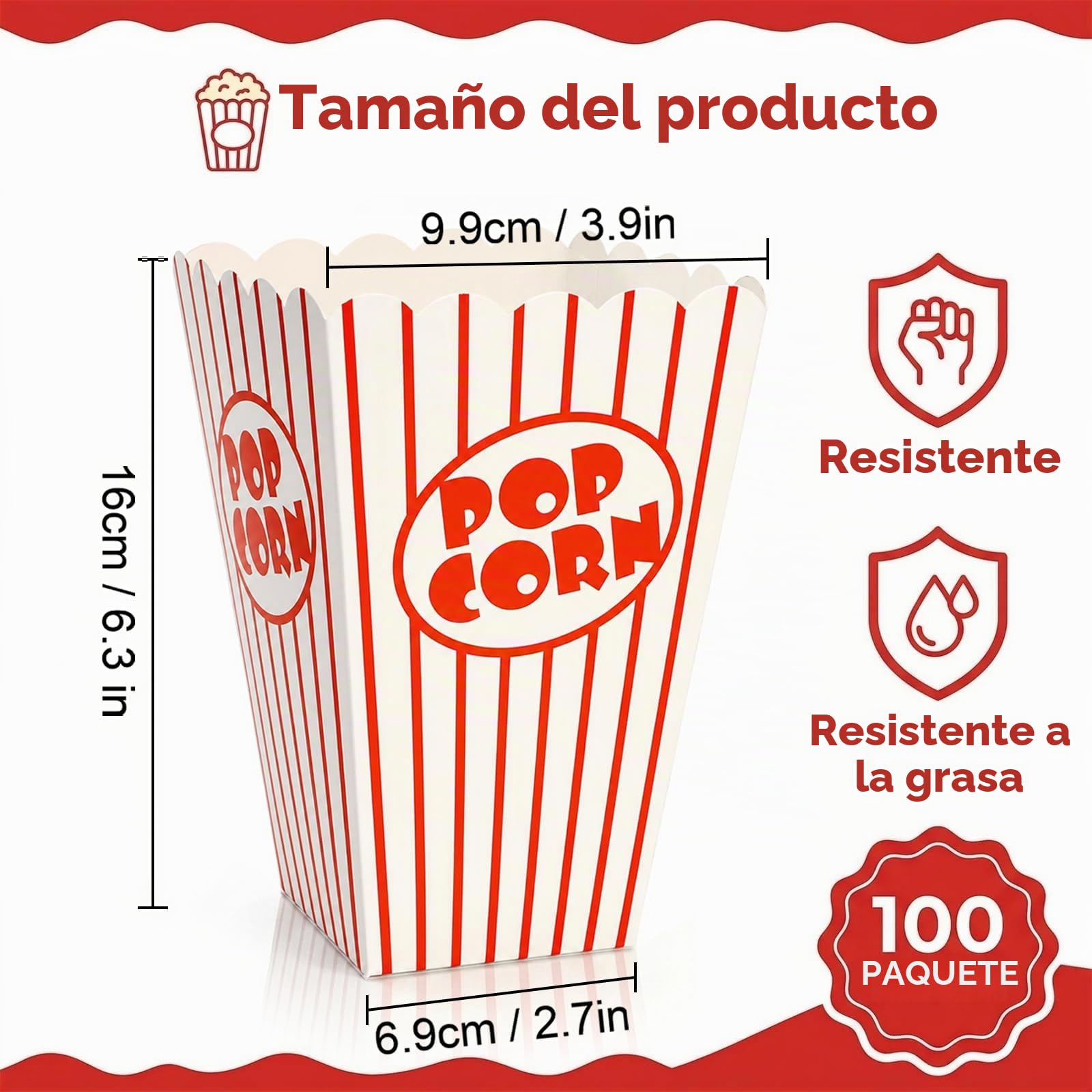 Tebery 100 cajas de palomitas de maíz de papel con apertura superior, rayas rojas y blancas, ideales para cine, carnavales y fiestas