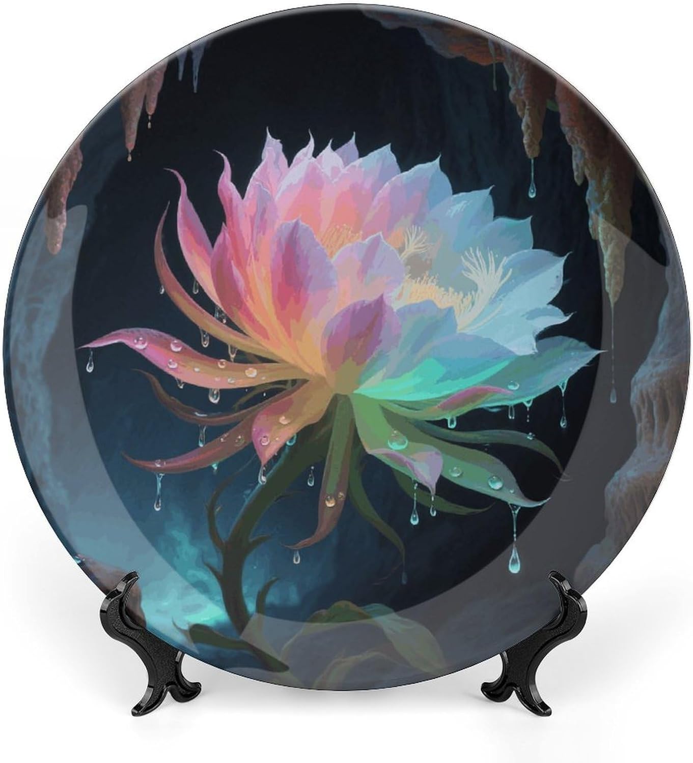 Two Tone Epiphyllum Decorative Plates Bone China Plates with Stand for Display 10inch Round Ceramic Dinner Plates Dessert Plate for Kitchen Party Coffee Table Decor Art