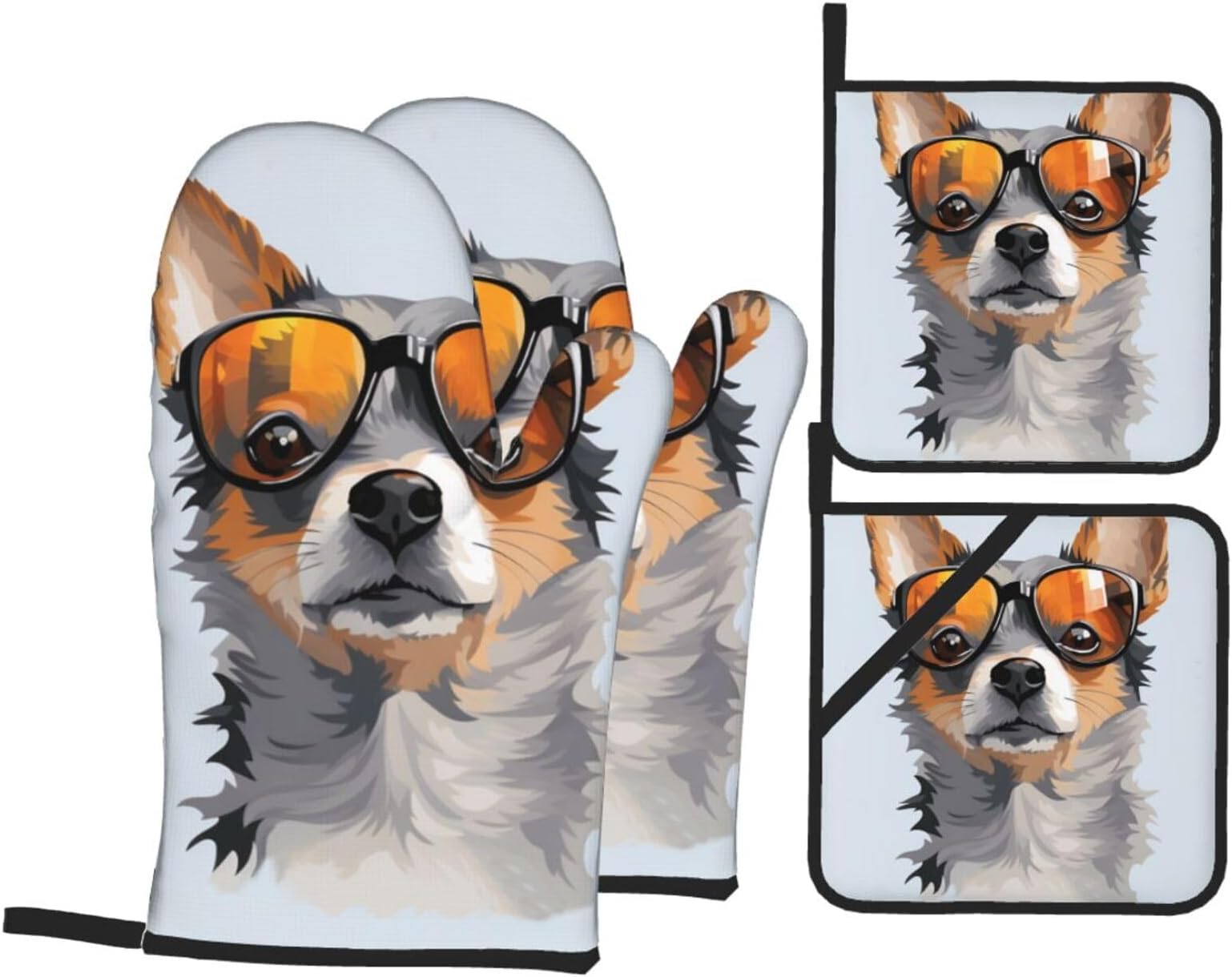 4pcs Oven Mitts and Pot Holders High Heat Resistant Kitchen Oven Gloves Chihuahua Dog Glasses Print Potholders Non-Slip BBQ Gloves Hot Pads for Grilling Cooking Baking