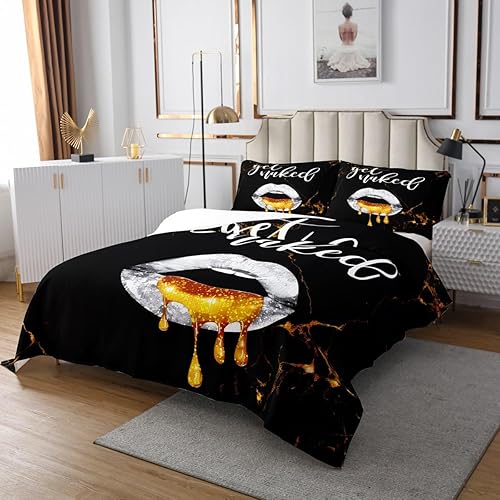 Miniatura 3 de Feelyou Juego de edredón de lujo de mármol negro y dorado para niños y niñas, colcha sexy de labios para niños, mujeres, hombres, Get Naked, colcha