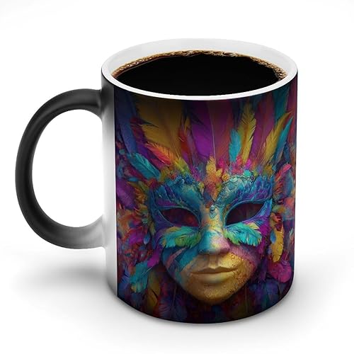 Fantasy Carnival Mask with Feathers Color Changing Mugs Heat Changing Ceramic Coffee Mug Novelty Tea Cup Funny Water Cup for Home Office 11OZ