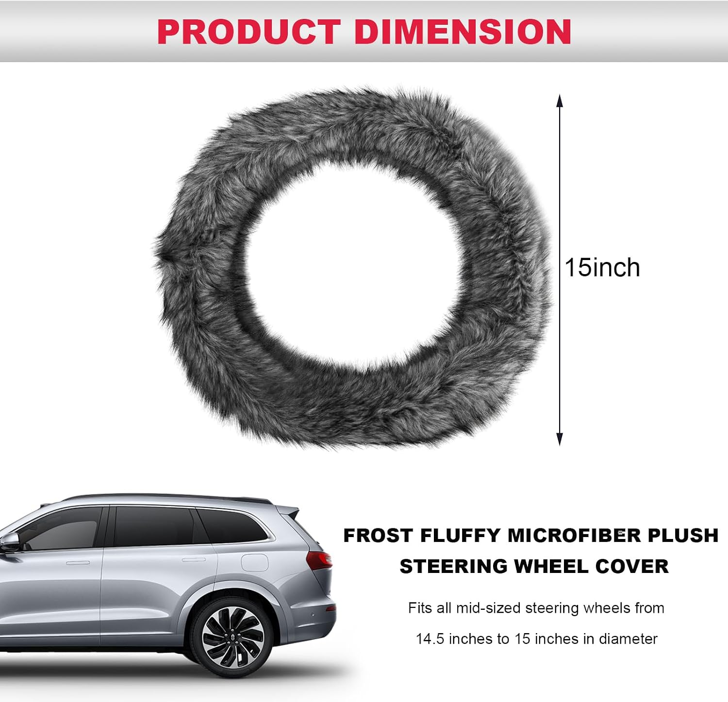 Fluffy Steering Wheel Cover, 15 Inch Anti-Slip Microfiber Plush Fuzzy Steering Wheel Cover, Winter Warm Elastic Fuzzy Steering Wheel Covers for Women and Men, Car Accessories (Gray)
