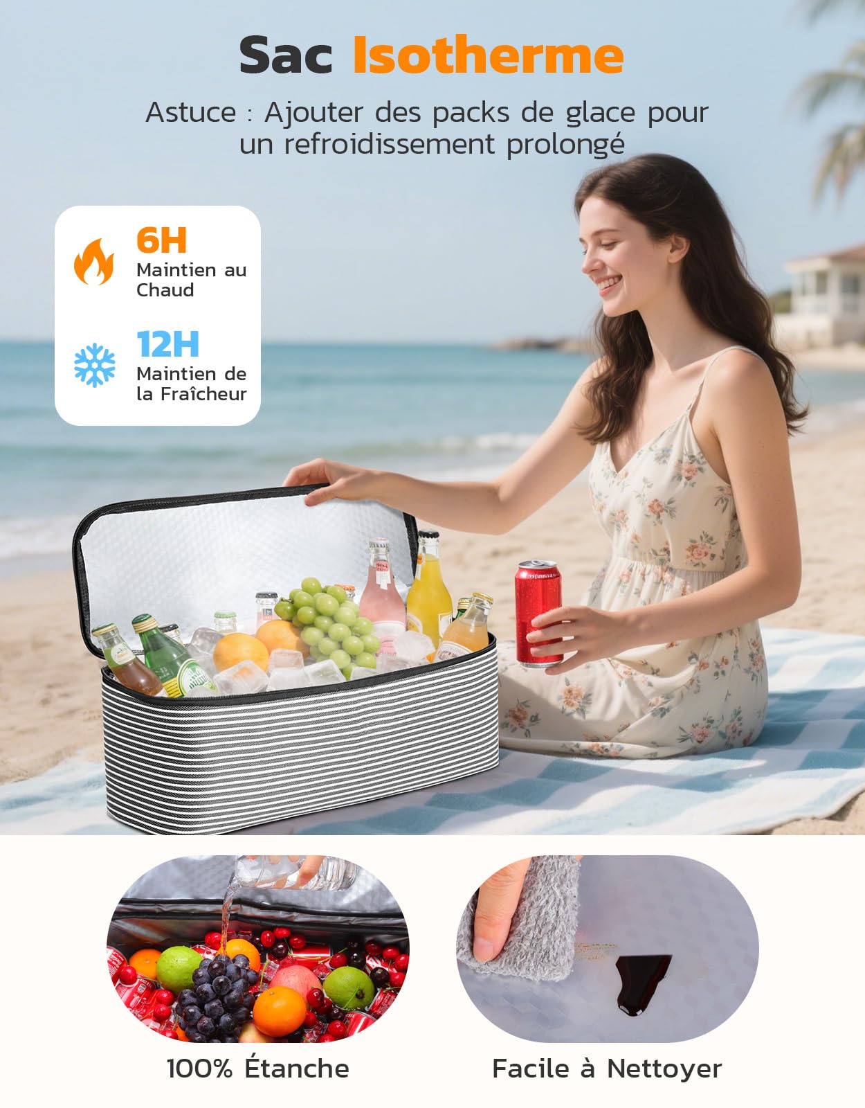 ISEYOU Grand Sac de Plage et Sac Isotherme, 45L Sacs Cabas Femme Imperméables avec Fermeture Éclair, Compartiment Sec-Humide, XXL Sacs Piscine Famille pour Voyage, Vacances, Pique-Nique, Gym