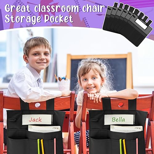 Miniatura 6 de 12 bolsillos para silla, organizador de sillas de aula, bolsa de almacenamiento colgante lateral con asa de transporte y ranura transparente para