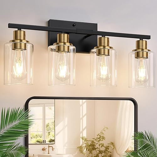 Miniatura 16 de Lámparas de baño de 4 luces, luces de tocador de níquel cepillado con pantallas de vidrio transparente, moderna lámpara de pared de baño para