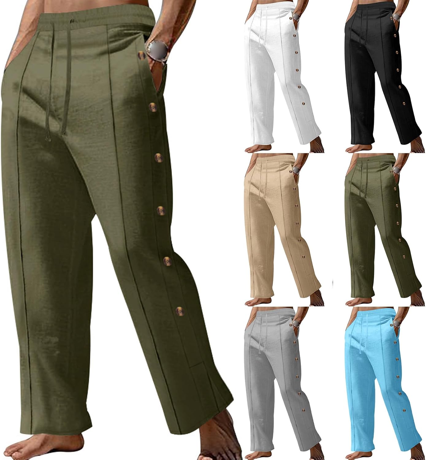 evzosrz Men's Casual Cotton Linen Pants Drawstring Striped Side Button Elastic Waist Trousers Sports Workout Yoga Summer Pant