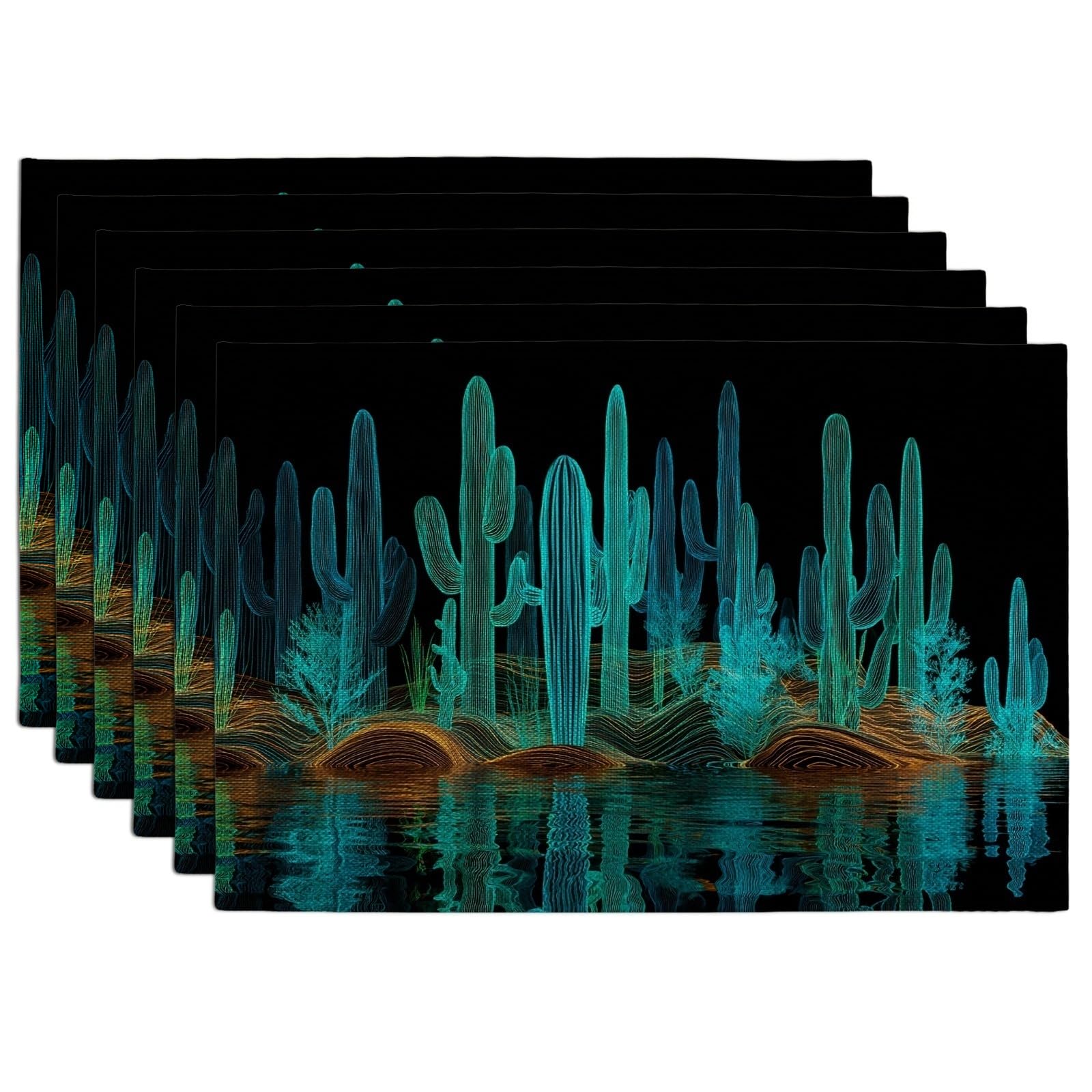 Neon Cactus Placemats, Black Desert Botanical Place mats for Dining Table, Non-Slip Washable Indoor Outdoor Party Decorative Placemat Set of 6