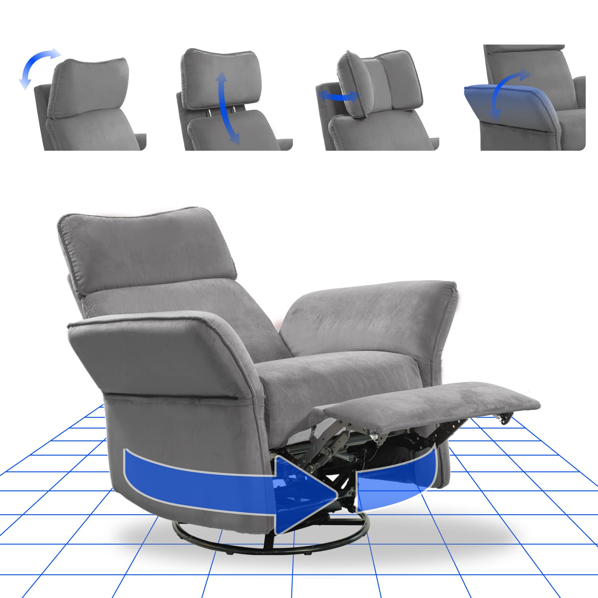 FLEXISPOT Cradle Sillón Relax, Sillon Eléctrico con Función Reclinable, Chaises Longues, Sillón Giratorio TV con Balancín, Reposacabezas 3D, Reposabrazos Ajustable, Respaldo Ajustable para Salón, Gris