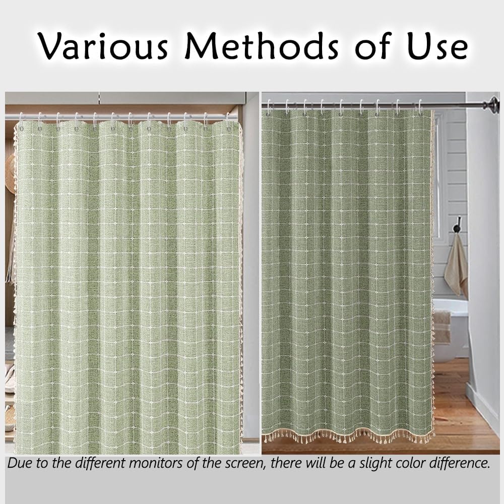 Sage Green Striped Shower Curtain - Farmhouse Boho Linen Fabric Shower Curtains for Bathroom, Bohemian Cute Thick Bathroom Curtain Set with Tassel - Bohemian Cloth Shower Curtain Long 71x79 Inch