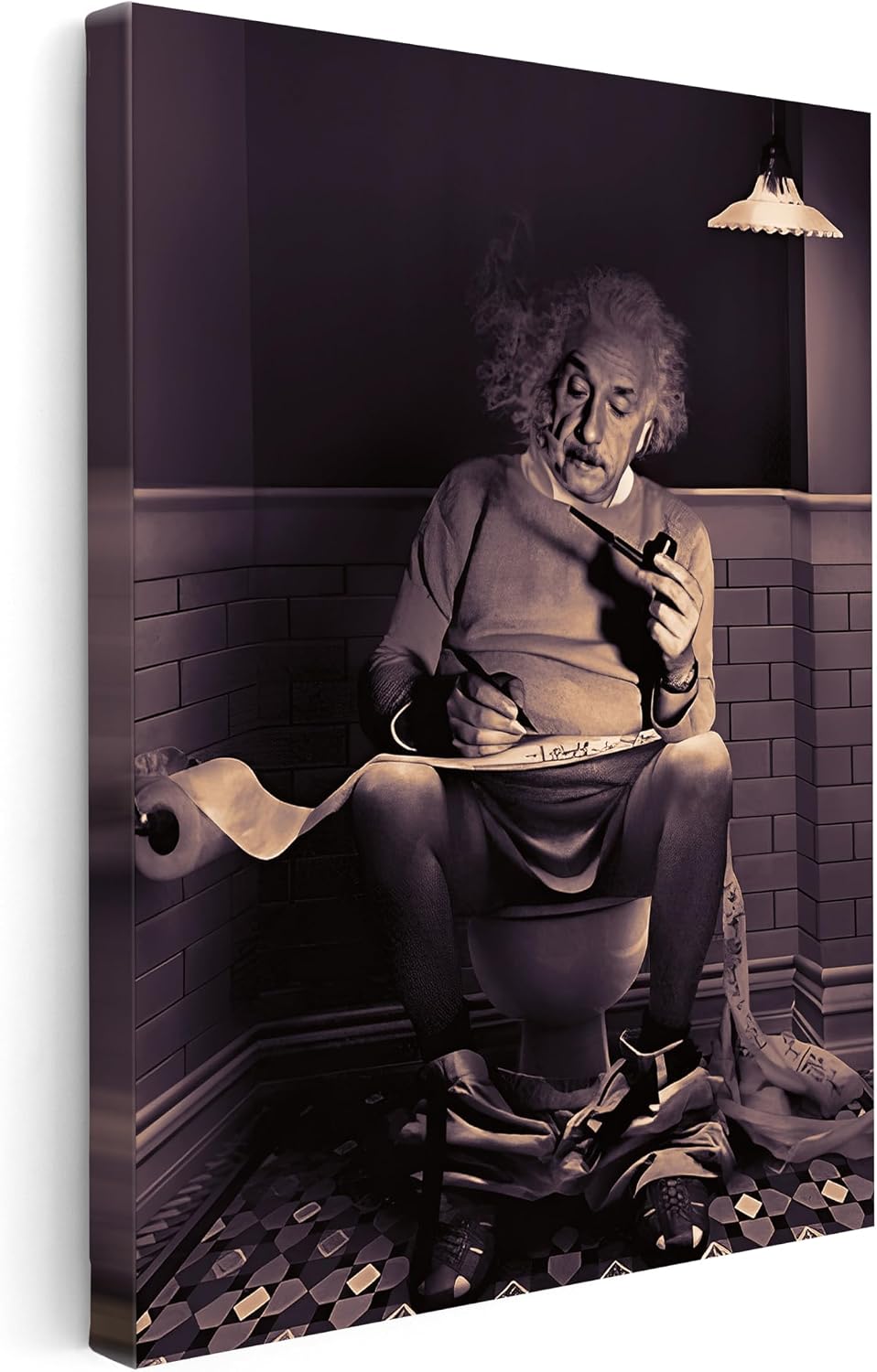 Poster Master Einstein Sitting On Toilet Canvas - Reading Newspaper Print - Scientist Art - Funny Bathroom Wall Design - Humorous Powder Room or Restroom Decor - 8x10 STRETCHED Canvas